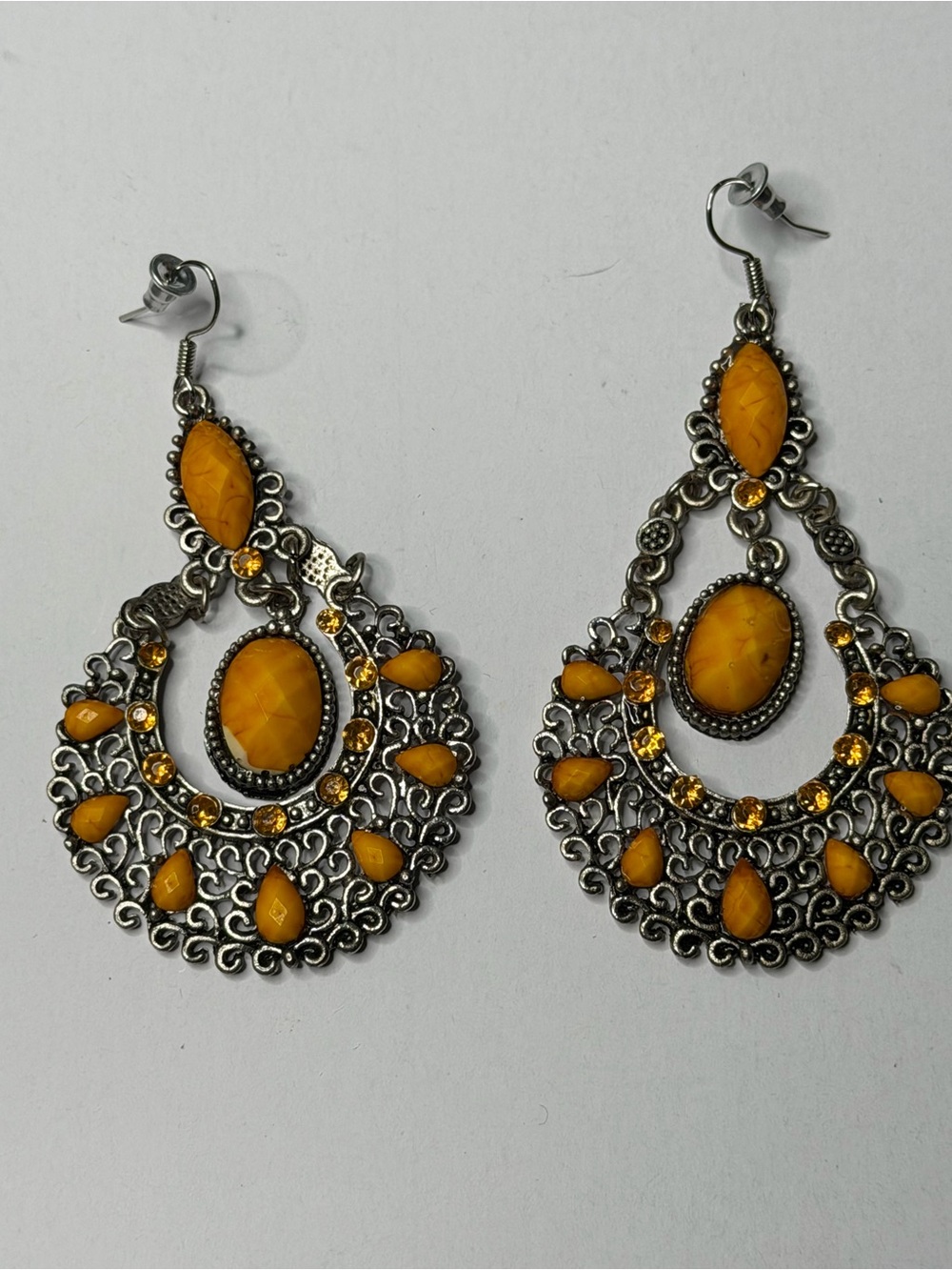 Vintage-Inspired Boho Silver Chandelier Earrings with Orange Stones